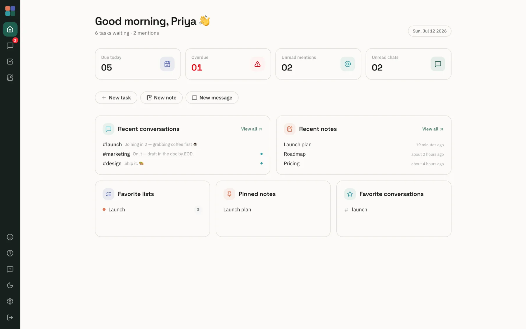 The Montar Hub dashboard: a single calm view of tasks due today, unread mentions and chats, recent conversations and notes across the whole workspace.