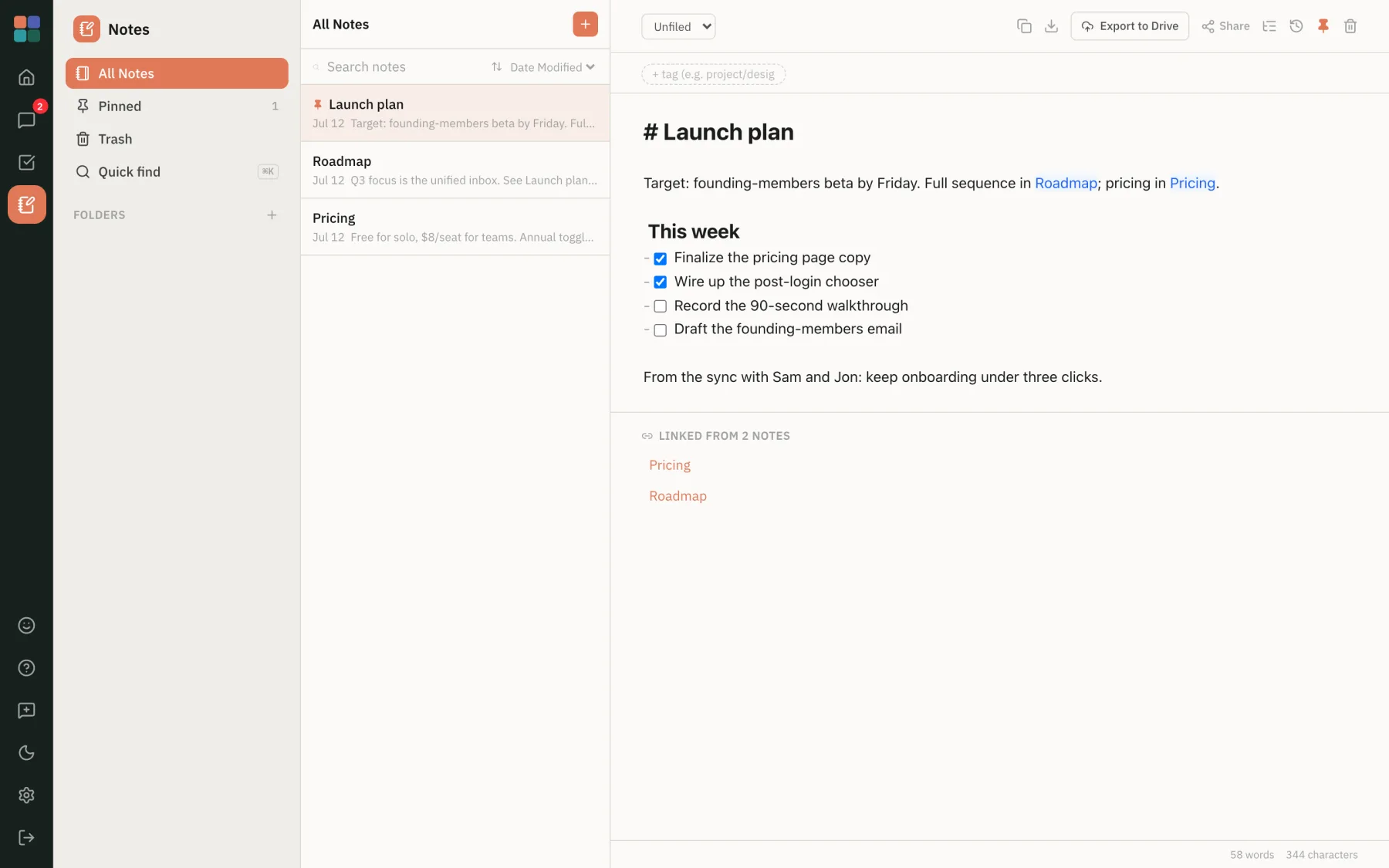 Montar Notes editor showing a 'Launch plan' note with wiki-links, a checklist, and tags.