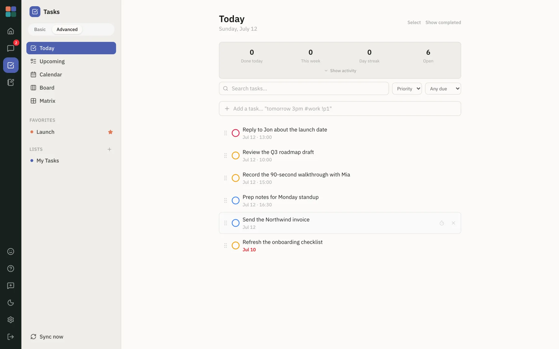 Montar Tasks 'Today' view listing the day's tasks with parsed due times and colour-coded priorities.